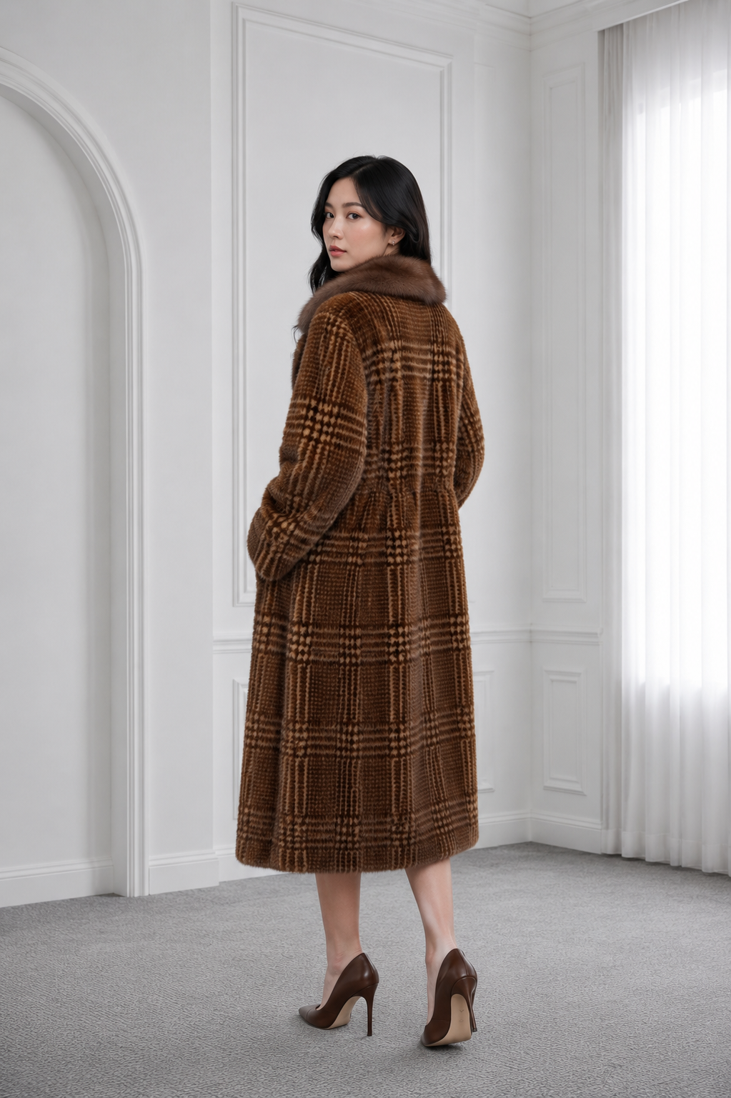Checked Brown Mink Coat with Marten Collar