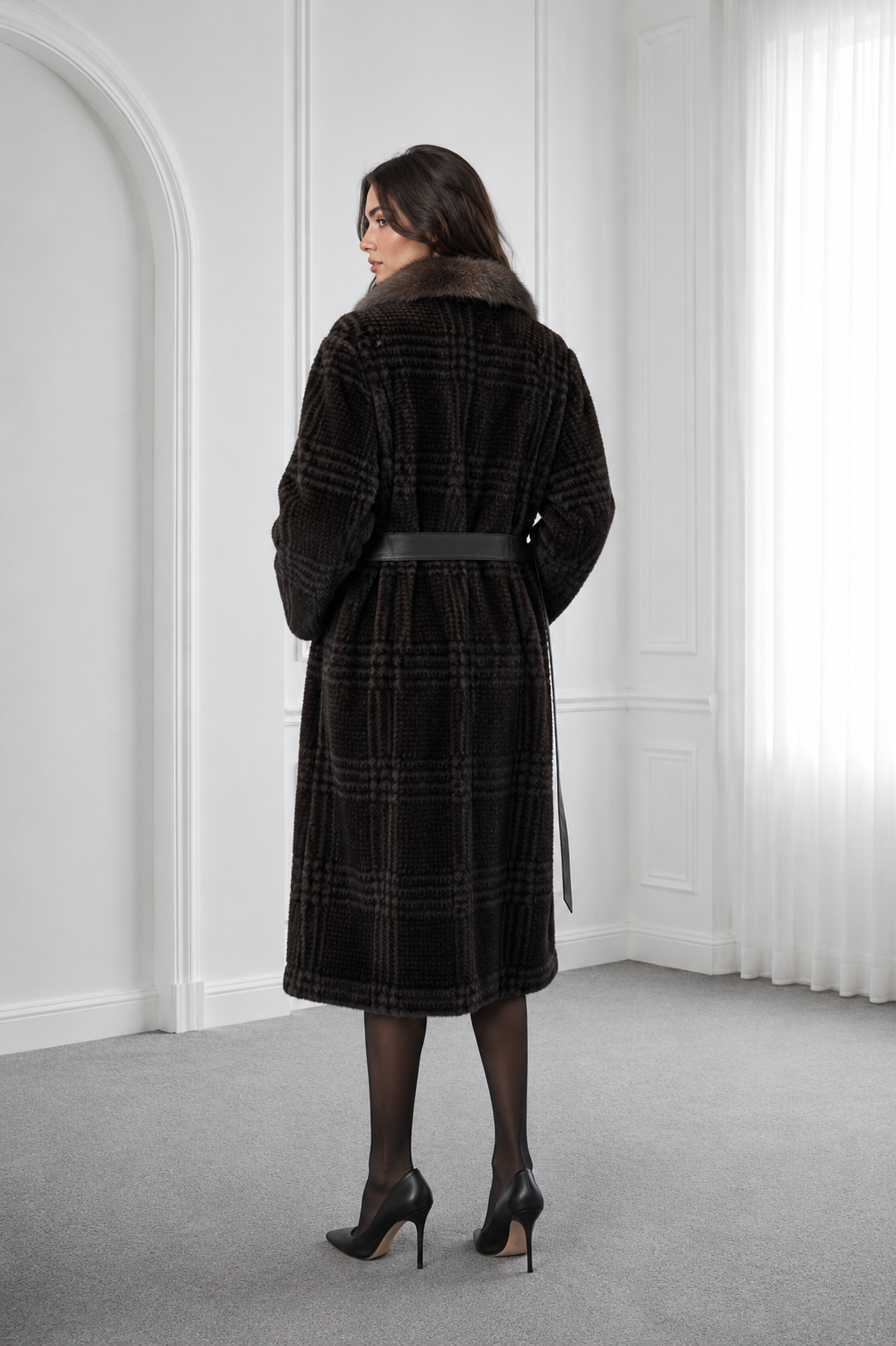Checked Blackglama Mink Coat with Sable English Collar &amp; Leather Belt