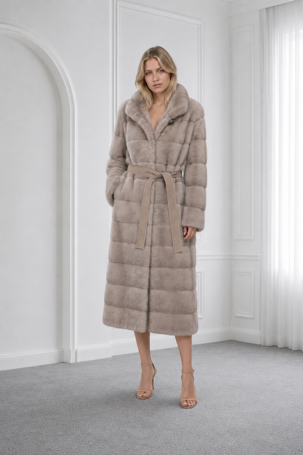 Fume Mink Coat with Suede Belt