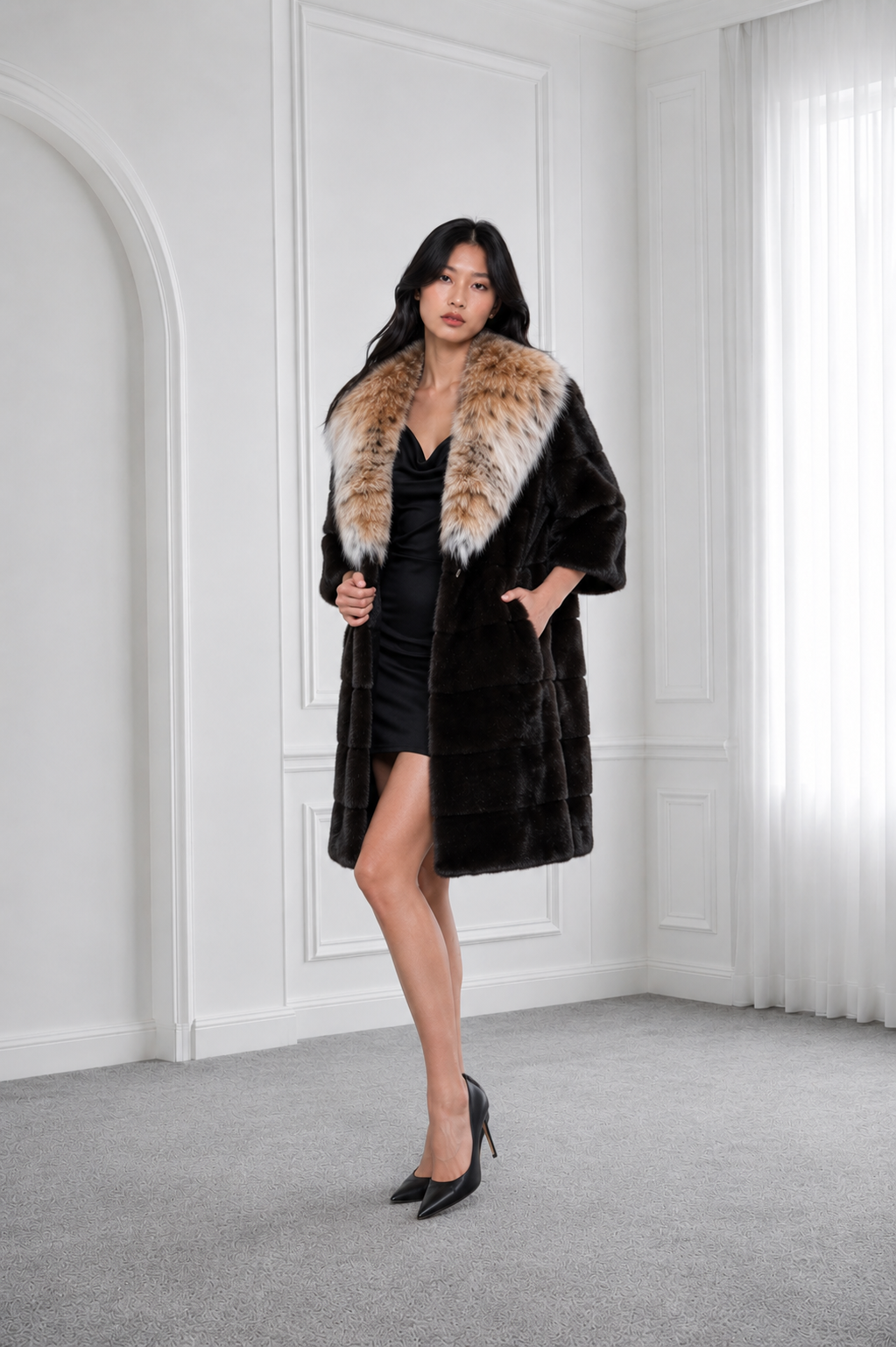 Luxurious Blackglama Mink Coat with Lynx Fur Hood