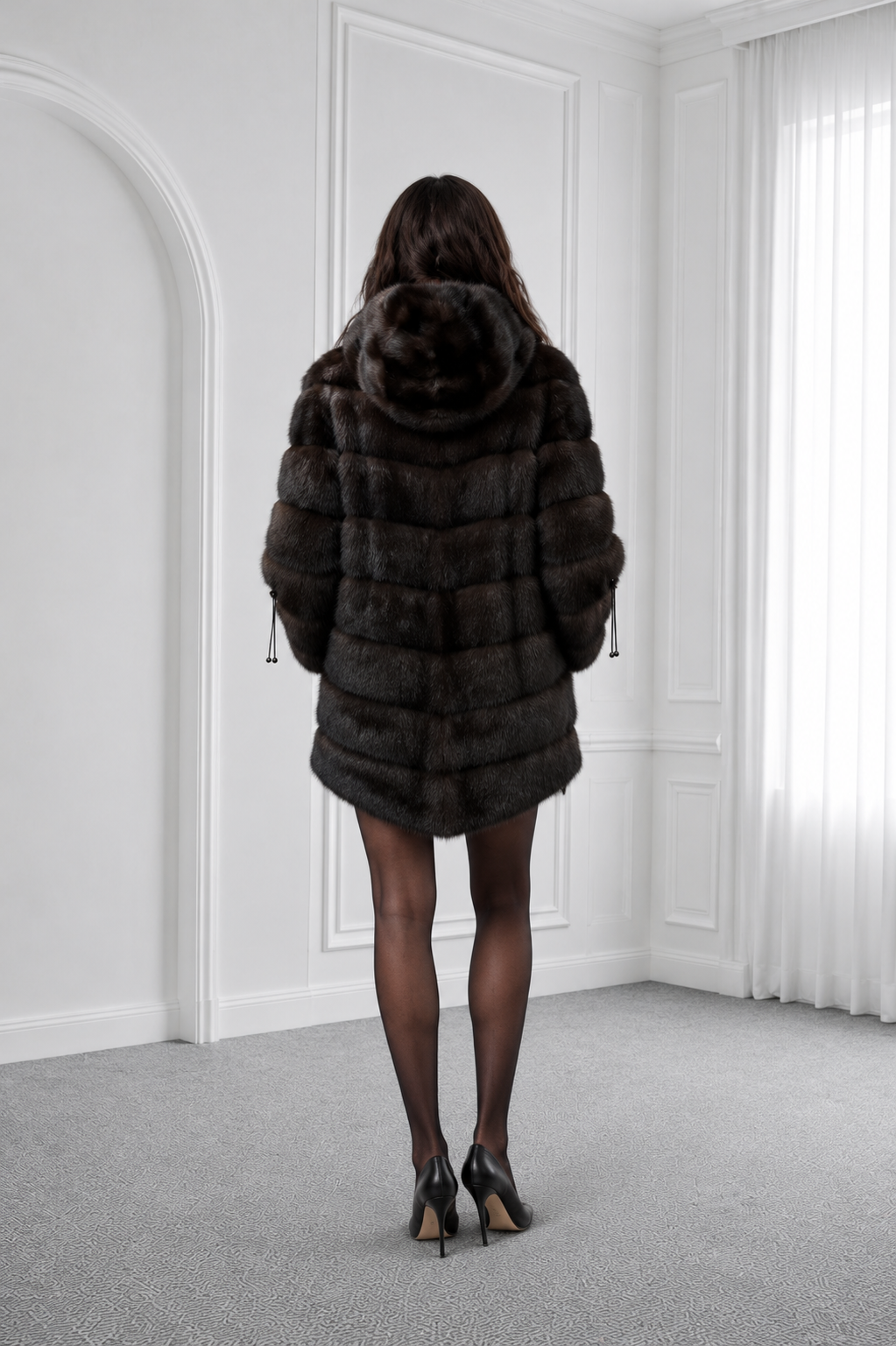 Dark Sable Hooded Coat with Adjustable Waist & Sleeves
