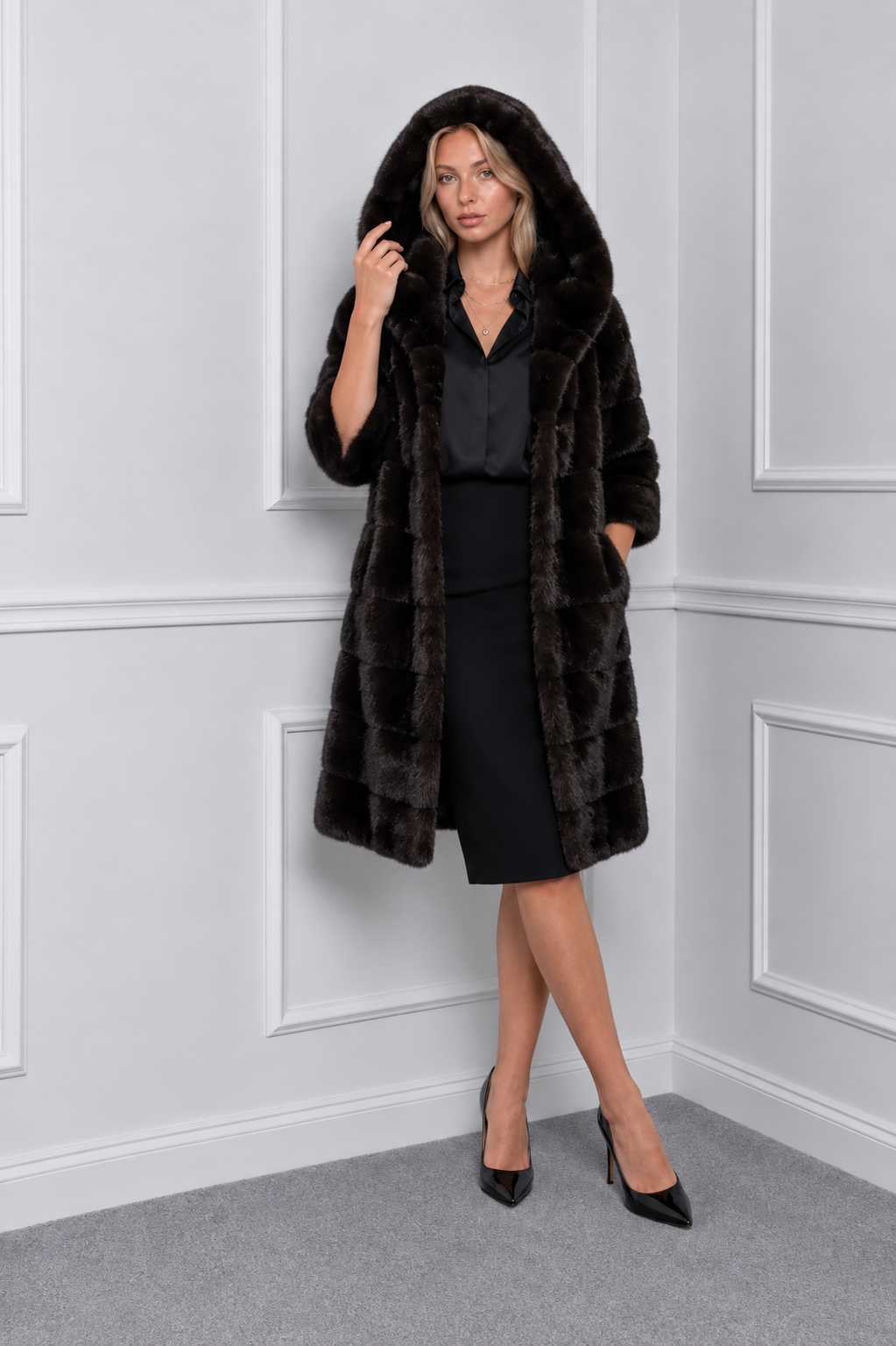 Blackglama Mink Jacket with Hood & 3/4 Sleeves