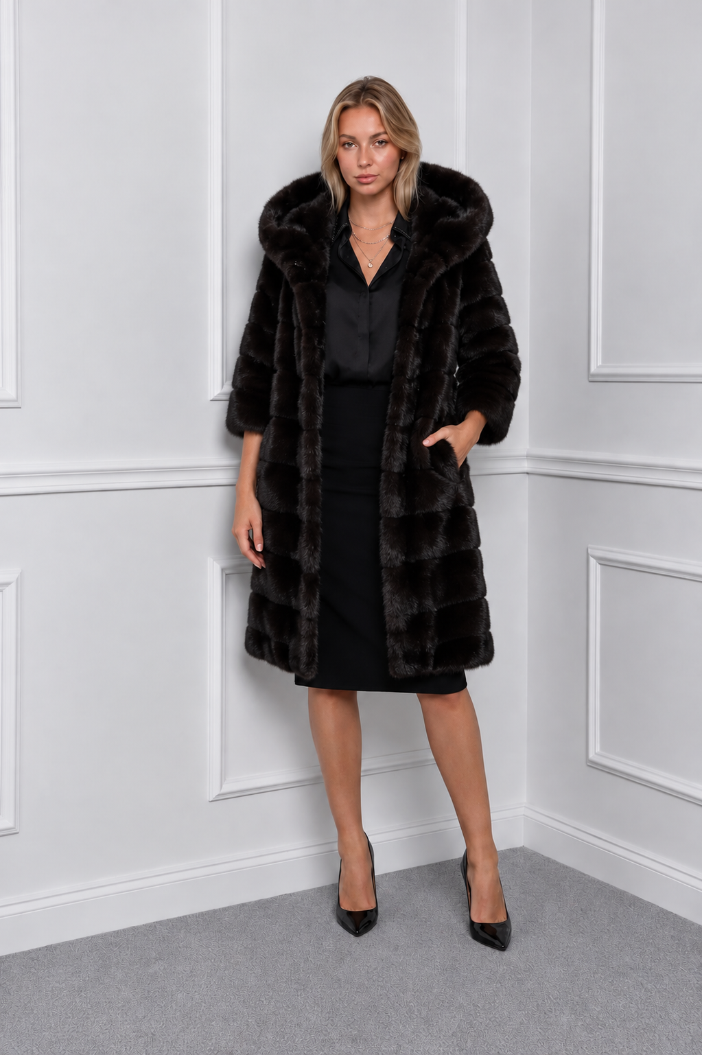 Blackglama Mink Jacket with Hood & 3/4 Sleeves