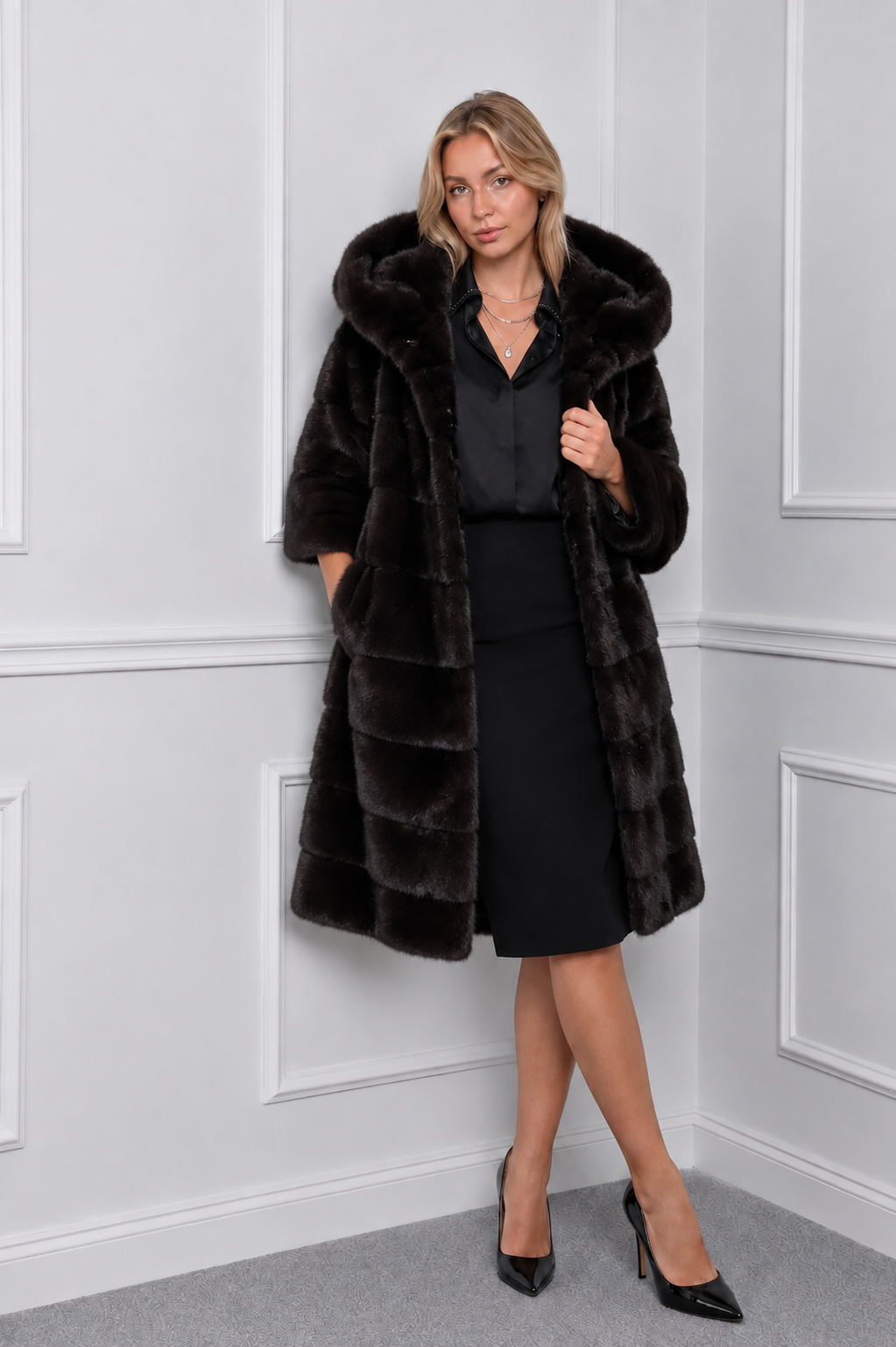 Blackglama Mink Jacket with Hood & 3/4 Sleeves